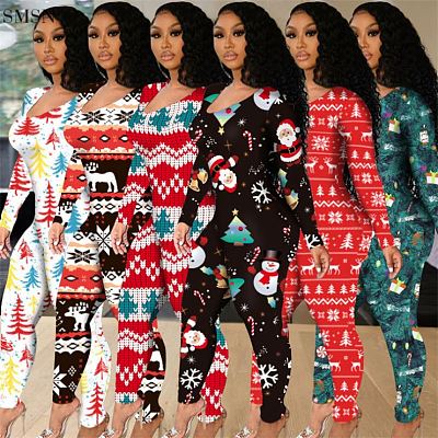 Wholesale Long Sleeve Sexy Plus Size Christmas Print Jumpsuit Women Jumpsuits And Rompers Hollow Out Girls One Piece Jumpsuits