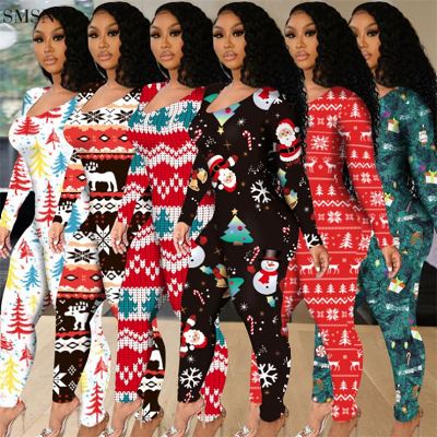 Wholesale Long Sleeve Sexy Plus Size Christmas Print Jumpsuit Women Jumpsuits And Rompers Hollow Out Girls One Piece Jumpsuits