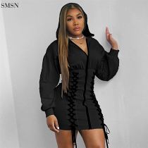 Good Quality Solid Color Long Sleeve Zipper With Bandage Decoration Mini Dress 2021 Sexy Woman Casual Dress