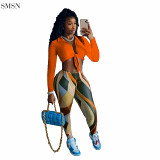 Good Quality Two Piece Set Women Clothing Long Sleeve Shirt And Positioning Print Pants Two Piece Set