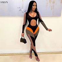 Amazon 2021 Long Sleeve Midriff Baring Multi Color Patchwork Jumpsuit Women Jumpsuits And Rompers One Piece Jumpsuits