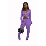 Fitness tracksuit women suits Rib two piece set outfits fashion asymmetry long sleeve crop top And Flared pants set