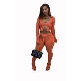 Fitness tracksuit women suits Rib two piece set outfits fashion asymmetry long sleeve crop top And Flared pants set
