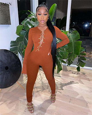 New Style 2021 Long Sleeve Solid Color sexy Women Jumpsuits And Rompers Hollow out One Piece Jumpsuits