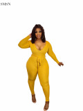 Amazon 2021 Fall Long Sleeve Solid Color Rib Women Jumpsuits And Rompers Fashion One Piece V Neck Jumpsuits