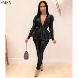 Hot Selling Two Piece Pants Set Slim And Sexy V-Neck Fashion Bronzed Fabric Long Sleeve Belt Set