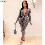 Hot Selling Two Piece Pants Set Slim And Sexy V-Neck Fashion Bronzed Fabric Long Sleeve Belt Set