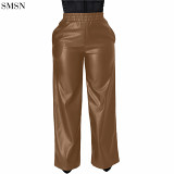 Latest Design Women'S Pants Pu Leather Trousers With Loose Wide Leg Pocket In Solid Color