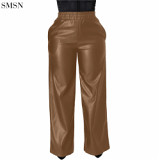 Latest Design Women'S Pants Pu Leather Trousers With Loose Wide Leg Pocket In Solid Color