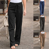 New Design Solid Color Trousers Women Winter Clothes Cotton And Linen Slacks Wide Legs Pants Knitted Long Women Pants