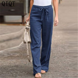 New Design Solid Color Trousers Women Winter Clothes Cotton And Linen Slacks Wide Legs Pants Knitted Long Women Pants