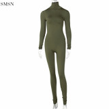 New Arrival 2021 Long Sleeve Solid Color Mid Waist Women Jumpsuits And Rompers Fashion High Necked One Piece Jumpsuits