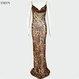 Wholesale Women Fashion Clothes Leopard Print Long Dresses 2021 Sexy Spaghetti Strap Girls Dinner Long Dresses