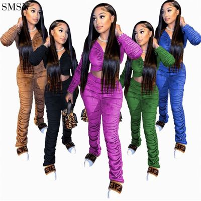 New Arrival 2021 Two Piece Pants Set Fashion Deep V Solid Pleated Velvet Sexy Suit