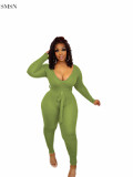 Amazon 2021 Fall Long Sleeve Solid Color Rib Women Jumpsuits And Rompers Fashion One Piece V Neck Jumpsuits