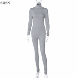 New Arrival 2021 Long Sleeve Solid Color Mid Waist Women Jumpsuits And Rompers Fashion High Necked One Piece Jumpsuits