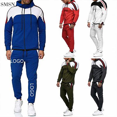 Amazon 2021 Fall Zipper Solid Color Sport Coat Casual Patchwork Men Joggers Suits Set Long Sleeve Casual Men 2 Piece Set