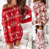 Fashion 2021 girls skirts and top Christmas print loose knit long sleeve dress sweater dress