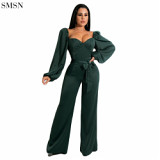 Fashion 2021 Sexy pleated wide-leg jumpsuit in solid color jumpsuits wom elegant bodycon jumpsuits for women