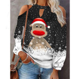 High Quality Christmas elk print sexy shoulder top casual tops for women t-shirt blouse