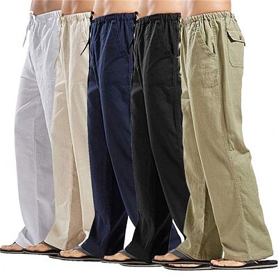 Good Quality casual pants Men's solid colour wide leg linen pocket trousers
