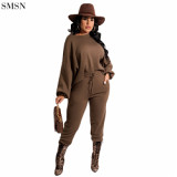 Hot Selling Solid color drop off shoulder bubble sleeves womens tracksuits 2 piece set winter