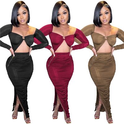 Evening Women Maxi Dress Solid Color Long Sleeve Ruched Hollow Out Sexy Bodycon Night Club Party Dresses