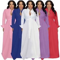 New Design Fall Women Clothes 2021 Elegant Shirt Lady Dress Long Sleeve Solid Color Bandage Casual Maxi Women Dress