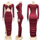 Evening Women Maxi Dress Solid Color Long Sleeve Ruched Hollow Out Sexy Bodycon Night Club Party Dresses