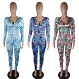 Wholesale New Trendy Printed Women Bodysuit Christmas Long Sleeve Women Rompers Skinny Women One Piece Jumpsuits