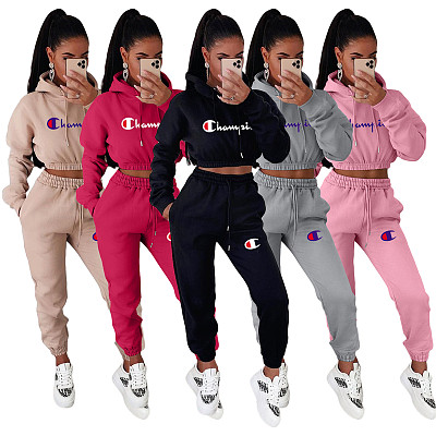 Wholesale fall women's hoodies & sweatshirts Pocketed Crop Top Jogging suit tracksuits Women Two Piece set