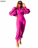 Best Seller Solid Color Bubble Sleeve High Waist 2 Piece Set Women Winter Sportswear Ladies 2 Piece Set Women