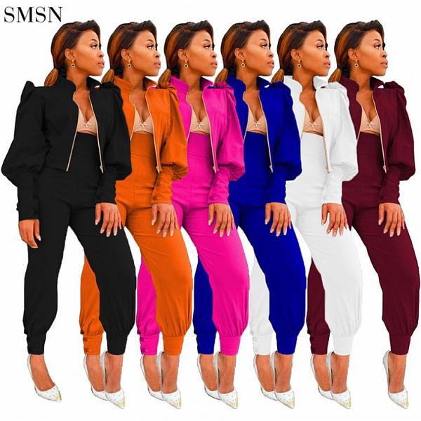 New Arrival 2021 Bubble Sleeve Zipper High Waist 2 Piece Set Women Winter Sportswear Ladies 2 Piece Set Women