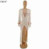 Amazon 2021 V Neck Tulle Patchwork Furcal Long Sleeve Dress Women Dress Sexy Dress