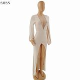 Amazon 2021 V Neck Tulle Patchwork Furcal Long Sleeve Dress Women Dress Sexy Dress