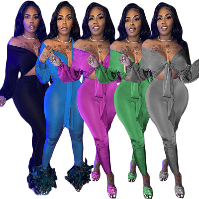 2021 Women Fall Clothing Sexy Off The Shoulder Ladies 2 Piece Outfit Solid Color Women Two Piece Pants Set