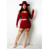 Latest Design Fall Women Clothes Sexy Off The  shoulder Solid  Color Hollow Out Skirts Set Women 2 Piece Skirt Set