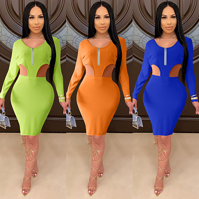 Trendy 2022 Solid Long Sleeve Zipper Sexy Hollow Out Bodycon Dresses Club Wear Elegant Woman Casual Dress