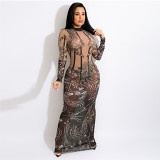 Fashion Printed Mesh Long sleeve dress Bodycon Sexy Night Club Party Wear Wholesale Cheap Evening Dresses