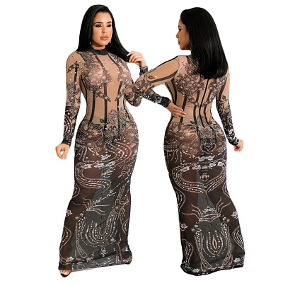 Fashion Printed Mesh Long sleeve dress Bodycon Sexy Night Club Party Wear Wholesale Cheap Evening Dresses