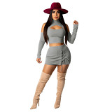 Latest Design Fall Women Clothes Sexy Off The  shoulder Solid  Color Hollow Out Skirts Set Women 2 Piece Skirt Set