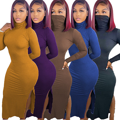 2021 Trendy Women Clothing Fall Simple Design Solid Slit Turtle Neck Long Sleeve Maxi Dress