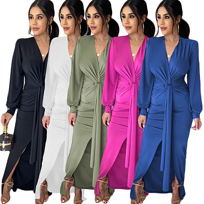 Good Quality Pure Color V Neck Long Sleeve Belted Slit Satin Evening Dress Maxi Elegant Casual Dresses Women Clothing