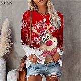 Latest Design fall Christmas Tree print casual long sleeve T-shirt with round collar winter womens top