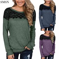 Latest Design fall Lace stitching solid color long sleeve T-shirt winter womens top vintage t shirt women