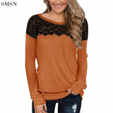 Latest Design fall Lace stitching solid color long sleeve T-shirt winter womens top vintage t shirt women