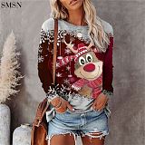 Latest Design fall Christmas Tree print casual long sleeve T-shirt with round collar winter womens top