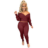 Fashionable 2021 Winter Women 2 Piece Set Clothing Solid Color Sexy V Neck Rib sweatpants and Crop Top set women sets two piece