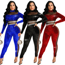 Velvet mesh see through long sleeve rompers womens jumpsuit with rhinestone sexy black bodycon club wear plus size jumpsuits
