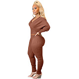 Fashionable 2021 Winter Women 2 Piece Set Clothing Solid Color Sexy V Neck Rib sweatpants and Crop Top set women sets two piece